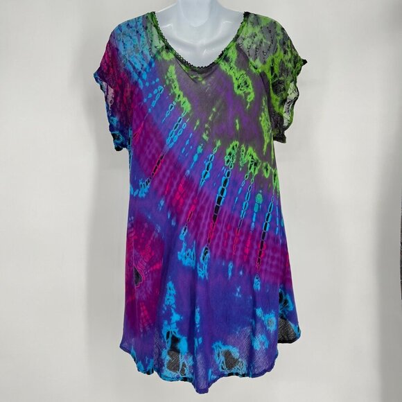 Lapogee Women's Boho Tie-Dye Tunic Top Free Size Multicolor Rayon Made In India - Picture 4 of 7